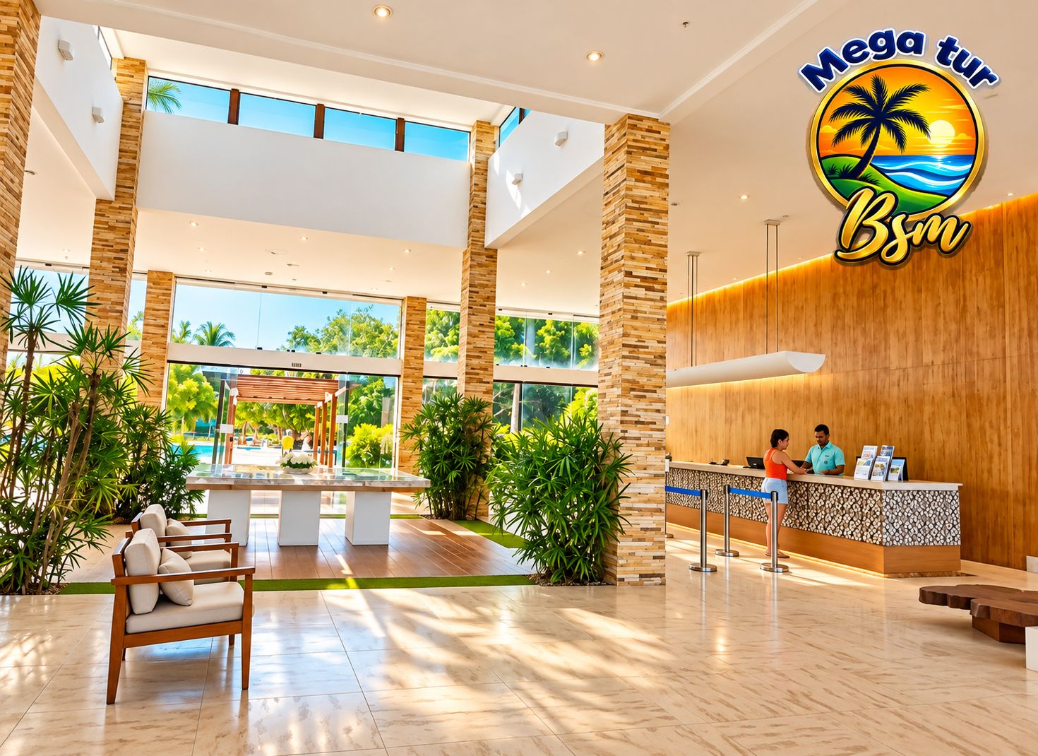 A hotel lobby with a reception desk, seating area, and a view of the pool.