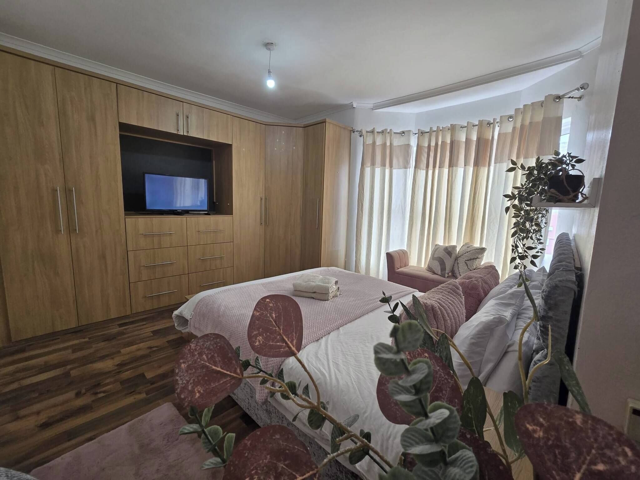 Une chambre avec un téléviseur fixé sur un meuble en bois, un lit recouvert d’une couvre-lit à motifs, un canapé et une plante en pot.