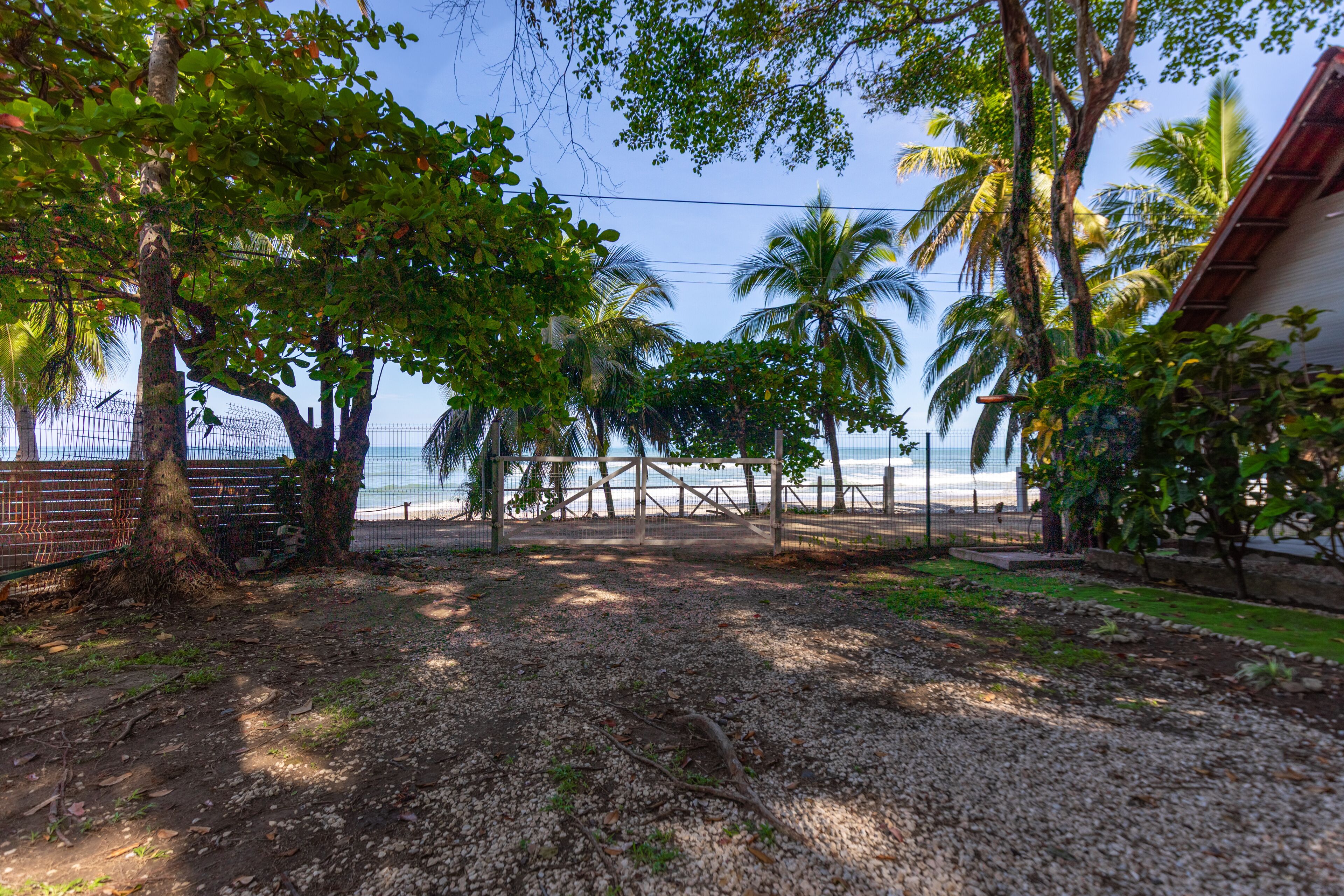 A coastal property with a fenced area, palm trees, and a view of the sea.