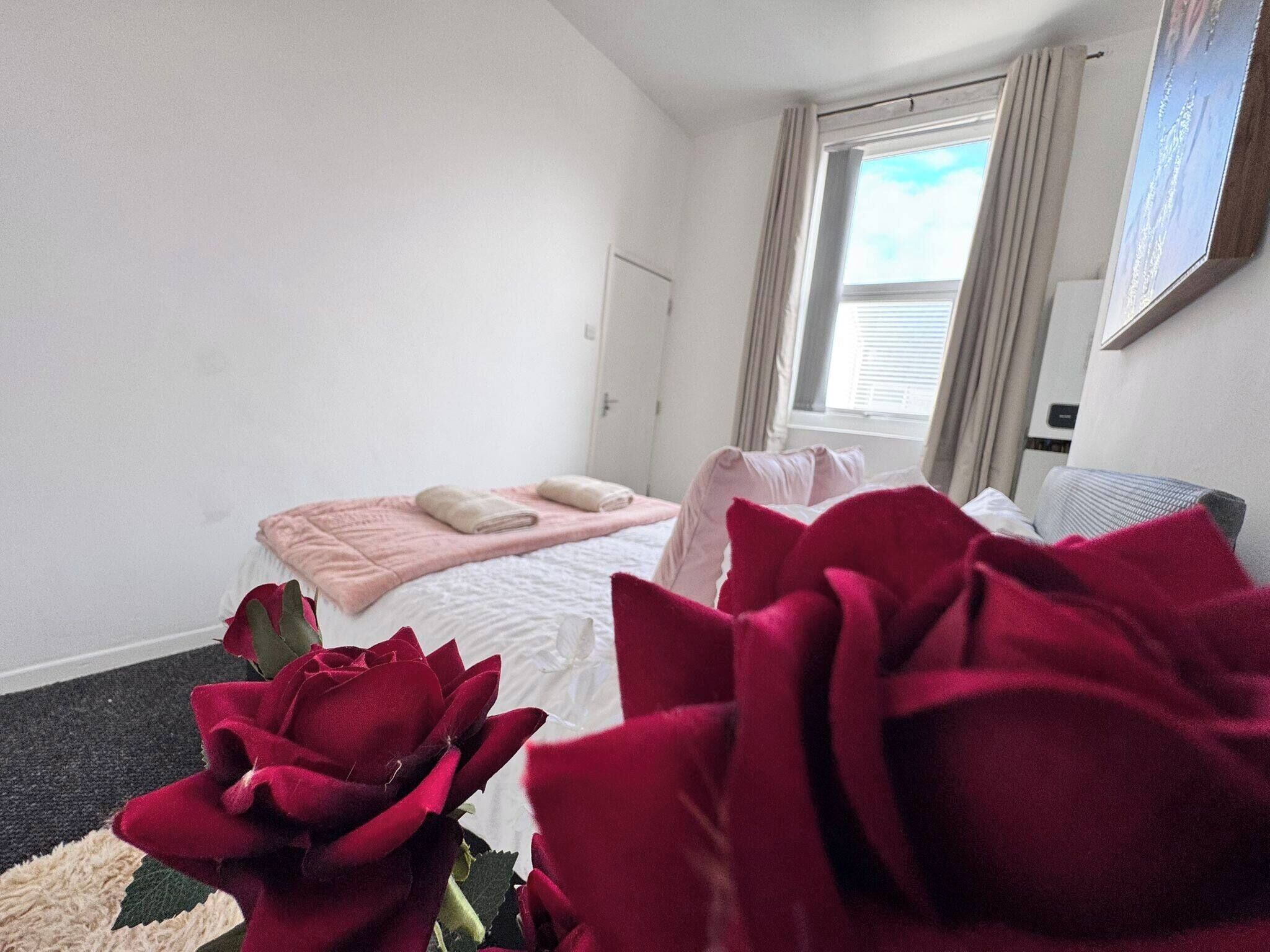 A hotel room with a bed, a window with curtains, and a large red rose in the foreground.