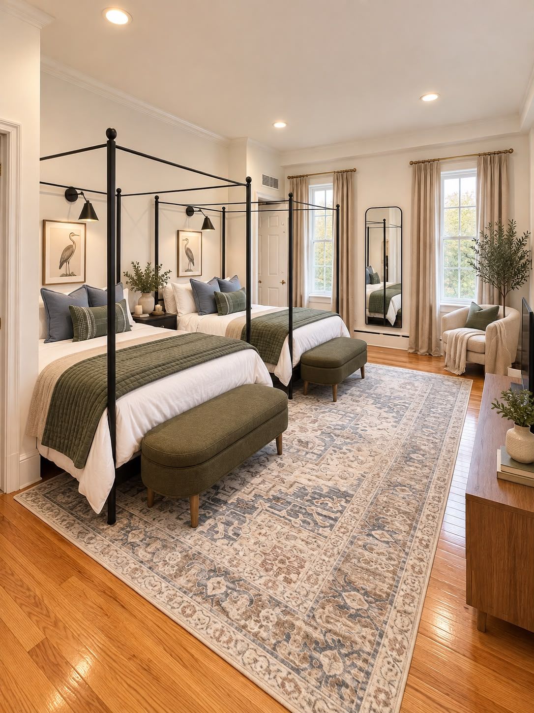 A bedroom with a four-poster bed, a matching bench, a large mirror, and a view of the outdoors through a window.