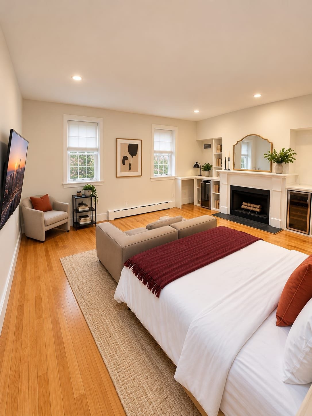 Een slaapkamer met een groot bed, een open haard, een bank en een raam.