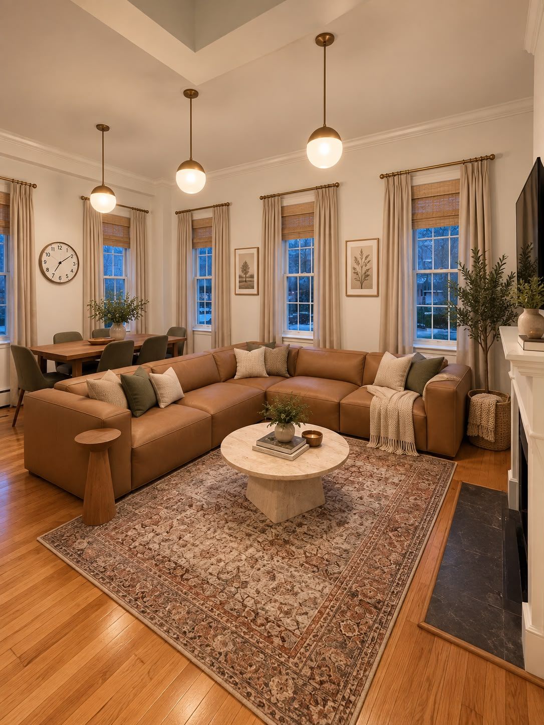 A modern living room with a sectional sofa, a coffee table, and a dining area.