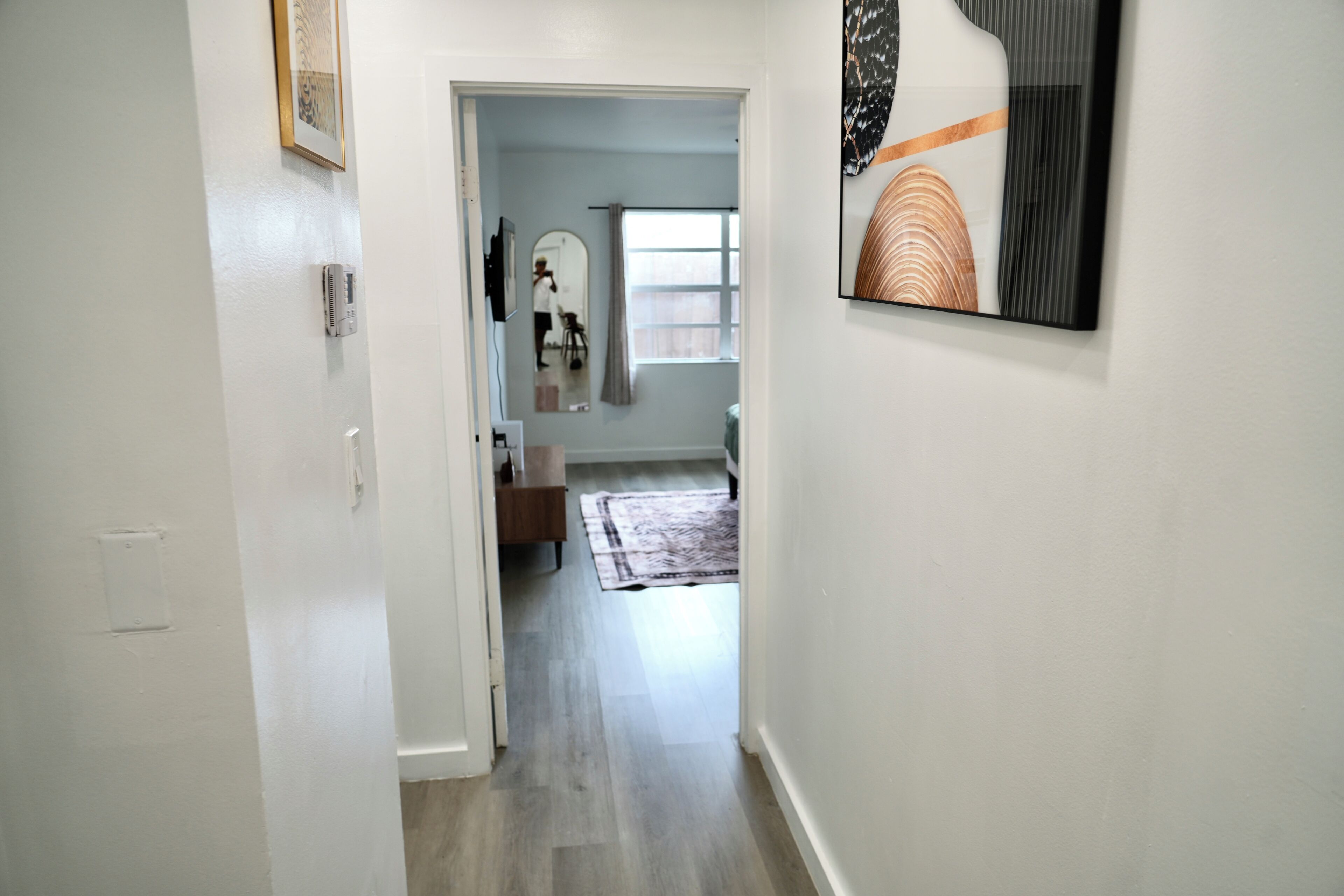 A hallway with a door leading to a room, a mirror, a window with curtains, and a framed artwork on the wall.