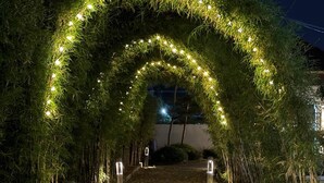 Un sendero bordeado de bambú e iluminado con luces colgantes que conduce a un edificio.