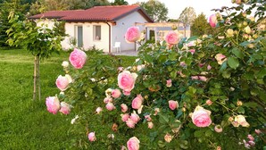 Een huis met een rood dak, omgeven door een tuin vol rozen in roze tinten.