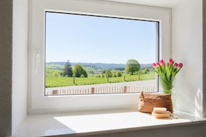 A window with a view of a green landscape, a vase with flowers, and a small bag on the windowsill. - Idyllic 2-bedroom holiday home in the Allgäu with garden (Leutkirch im Allgäu)