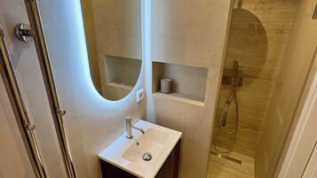 Shower, hair dryer, bidet, towels