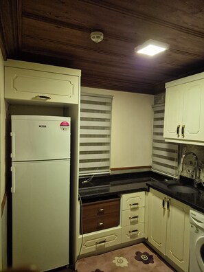 A compact kitchen with a refrigerator, a washing machine, and a sink.