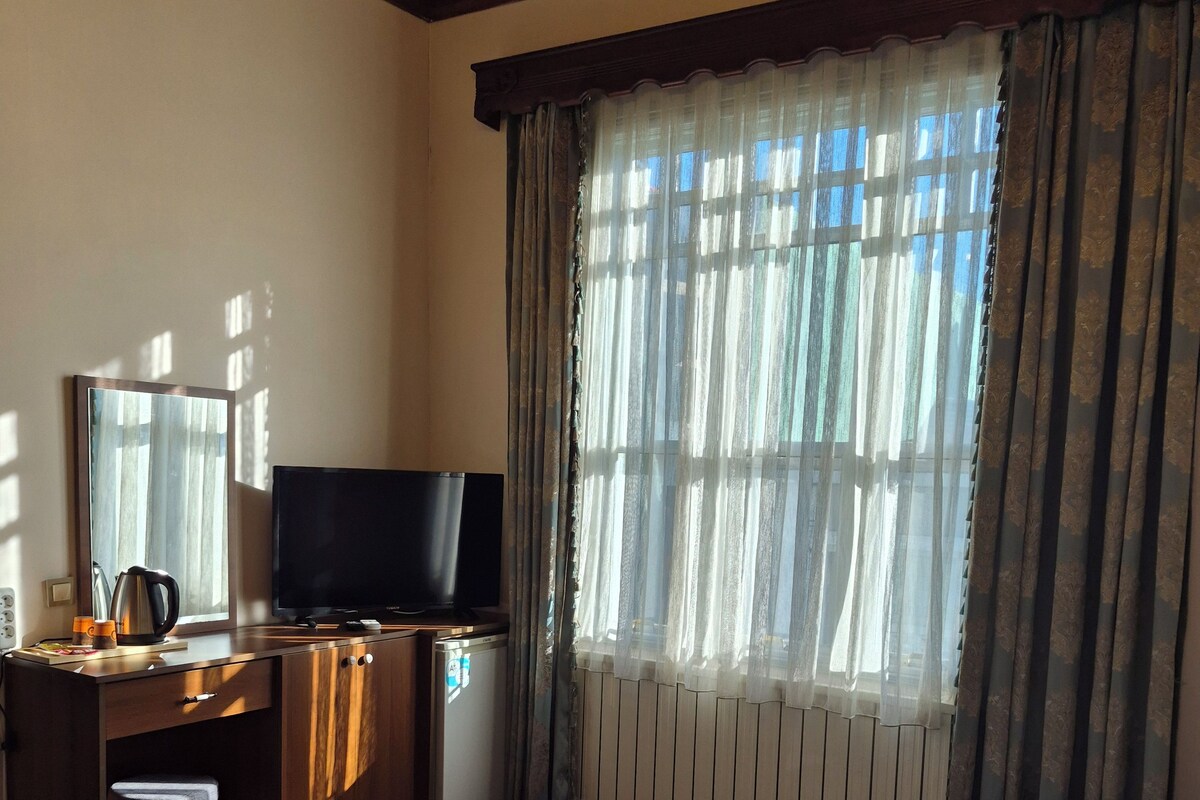 A hotel room with a bed, a desk with a television, a radiator, and a window with curtains.
