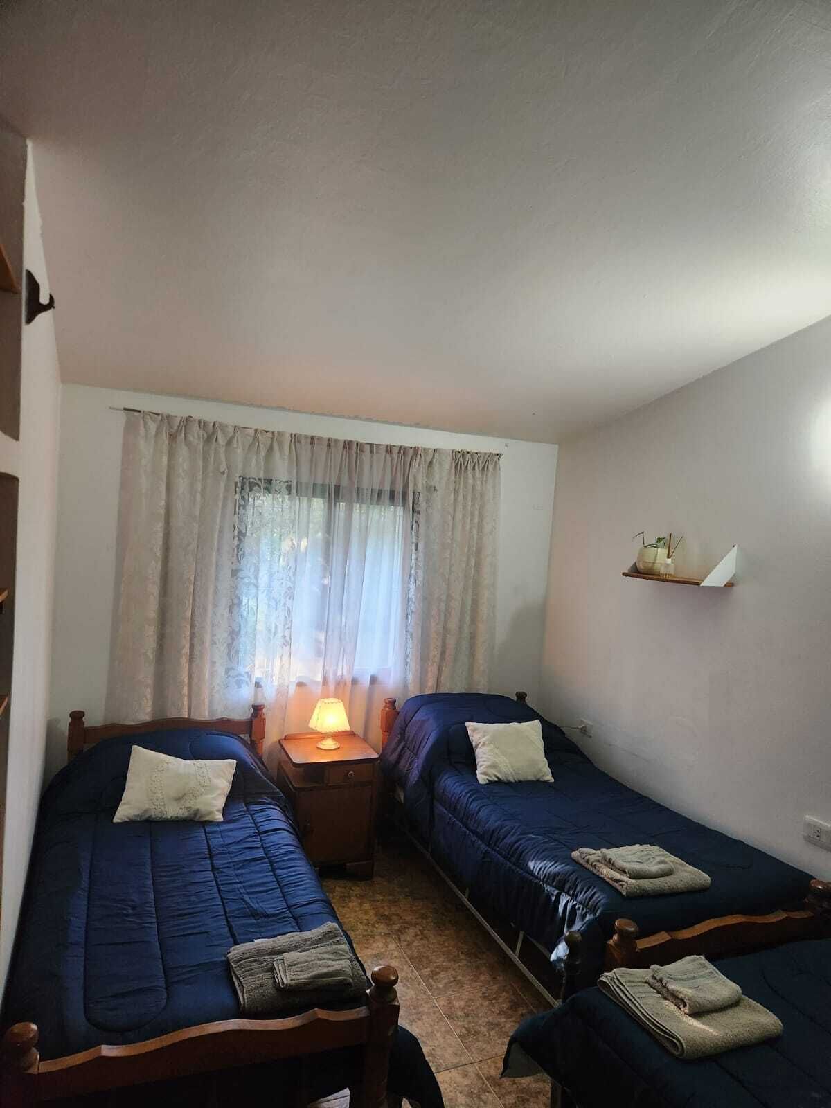 Una habitación con dos camas, una mesita de noche con lámpara, una ventana con cortinas y un estante con una planta.