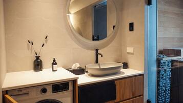 Hair dryer, towels, toilet paper