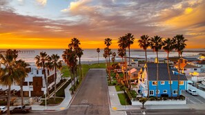 A coastal street lined with palm trees and houses, leading to a beach with a pier. - The Famous Big Blue Units 1 & 4 (San Diego)