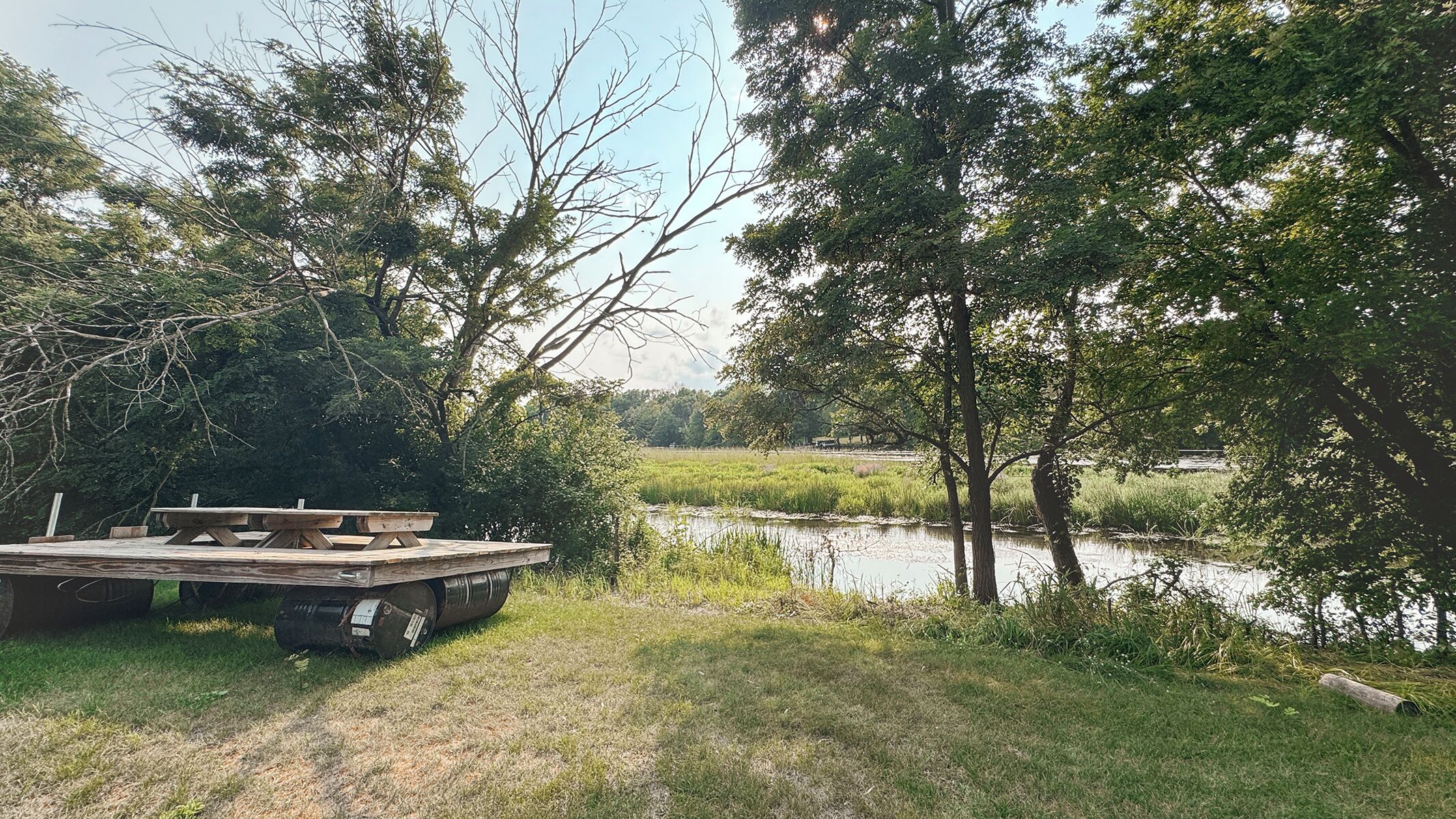 A picnic table and a trailer in a grassy area with trees and a body of water.