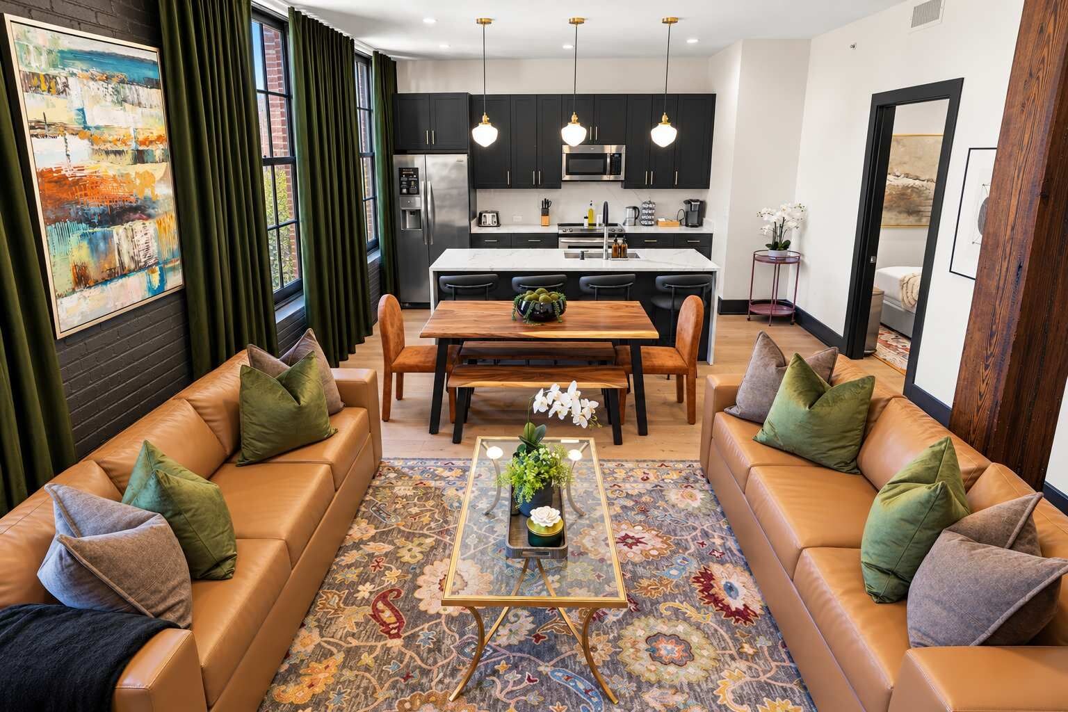A modern living room with leather sofas, a coffee table with a floral centerpiece, and a dining area with a wooden table and chairs.