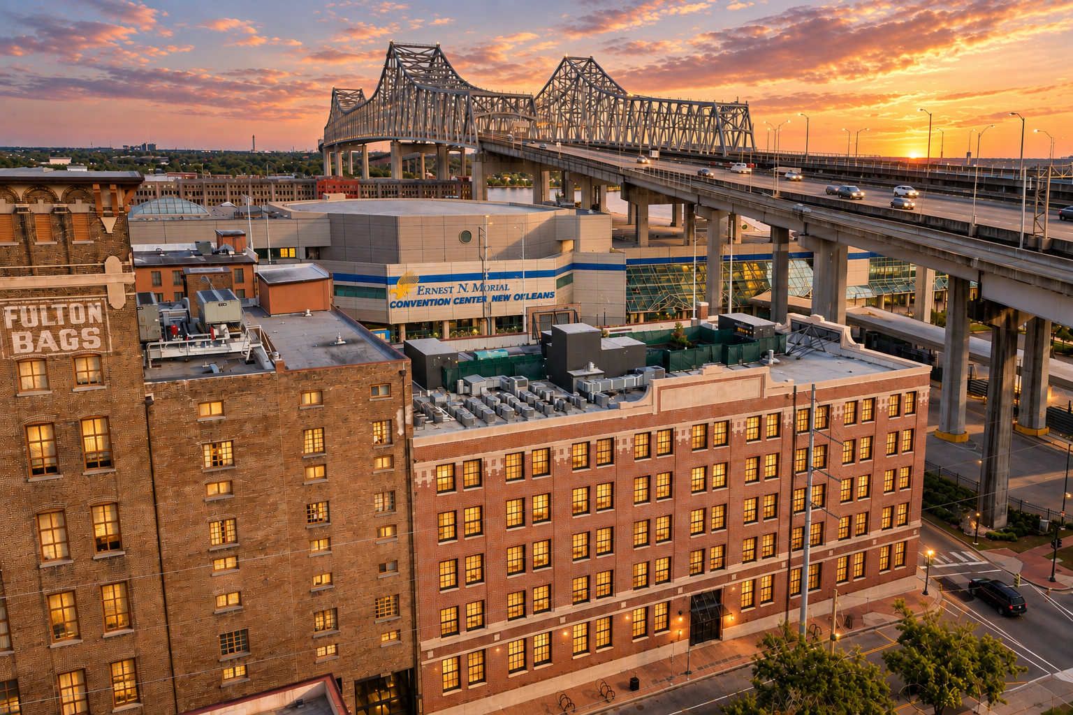 A multi-story building with a brick facade, a sign for 'Ernest N. Moriel Convention Center,' and a large bridge structure in the background.