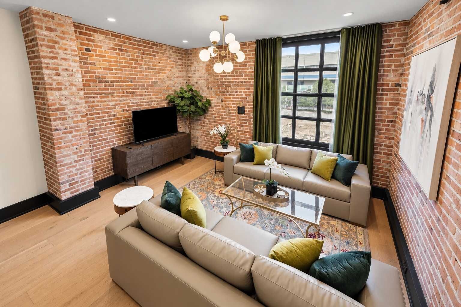 A living room with a brick wall, a sofa set, a coffee table, and a television.
