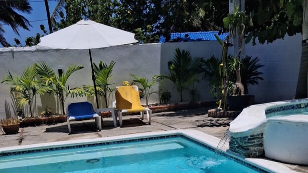 Una piscina con agua azul cristalina, rodeada de sillas de descanso y plantas en macetas.