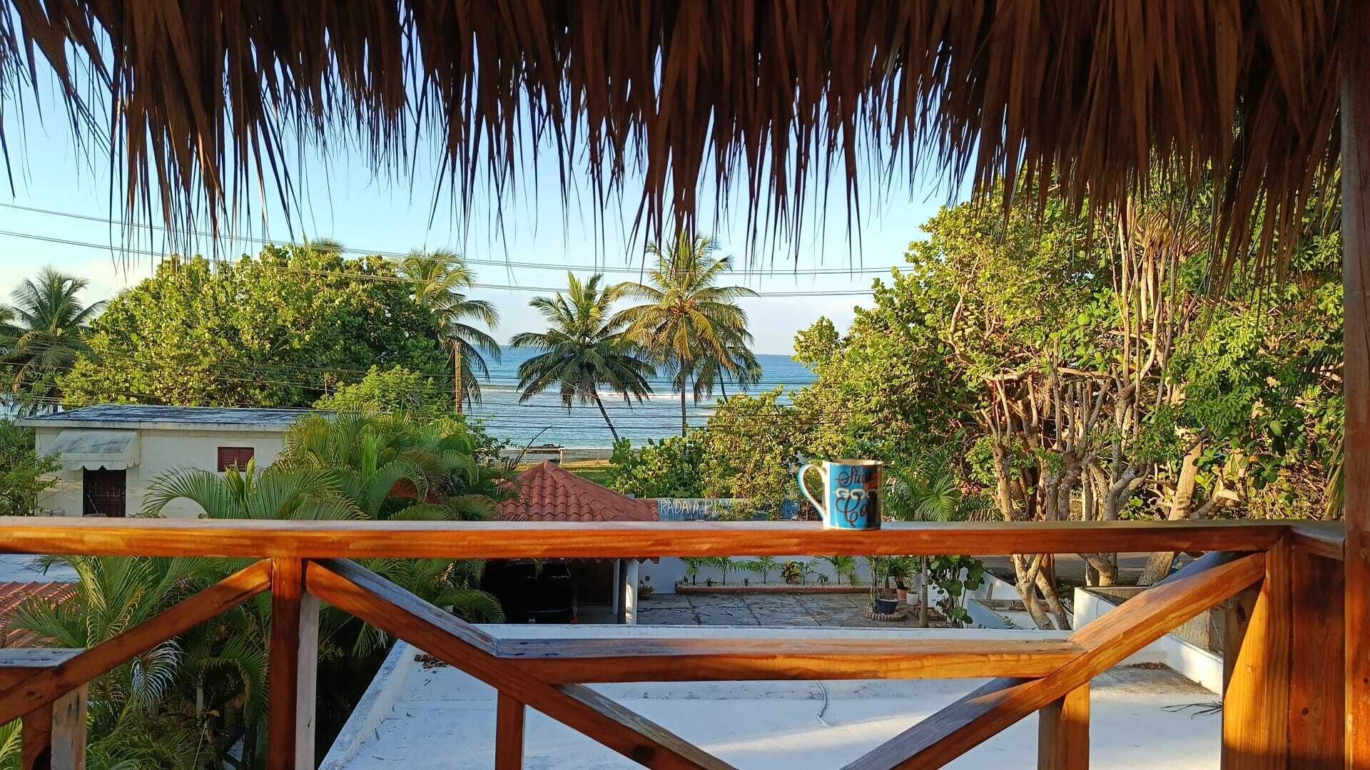 A wooden balcony with a view of the sea and palm trees.
