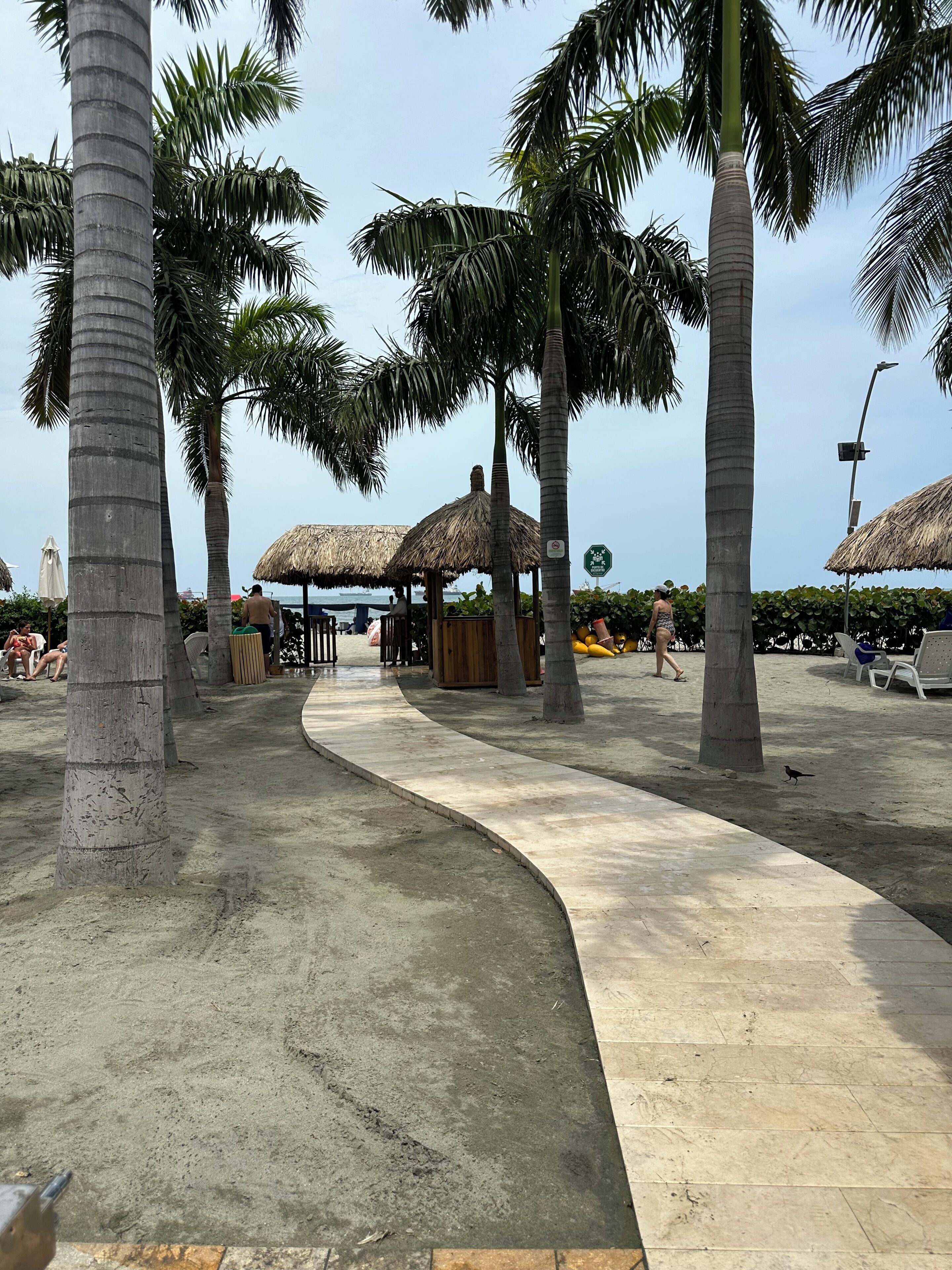 Een promenade aan het strand met palmbomen, een constructie met rieten dak en strandstoelen.