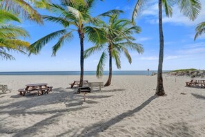 A beach with palm trees, picnic tables, and a clear view of the ocean. - Villa Terra Mar (Lauderdale-by-the-Sea)