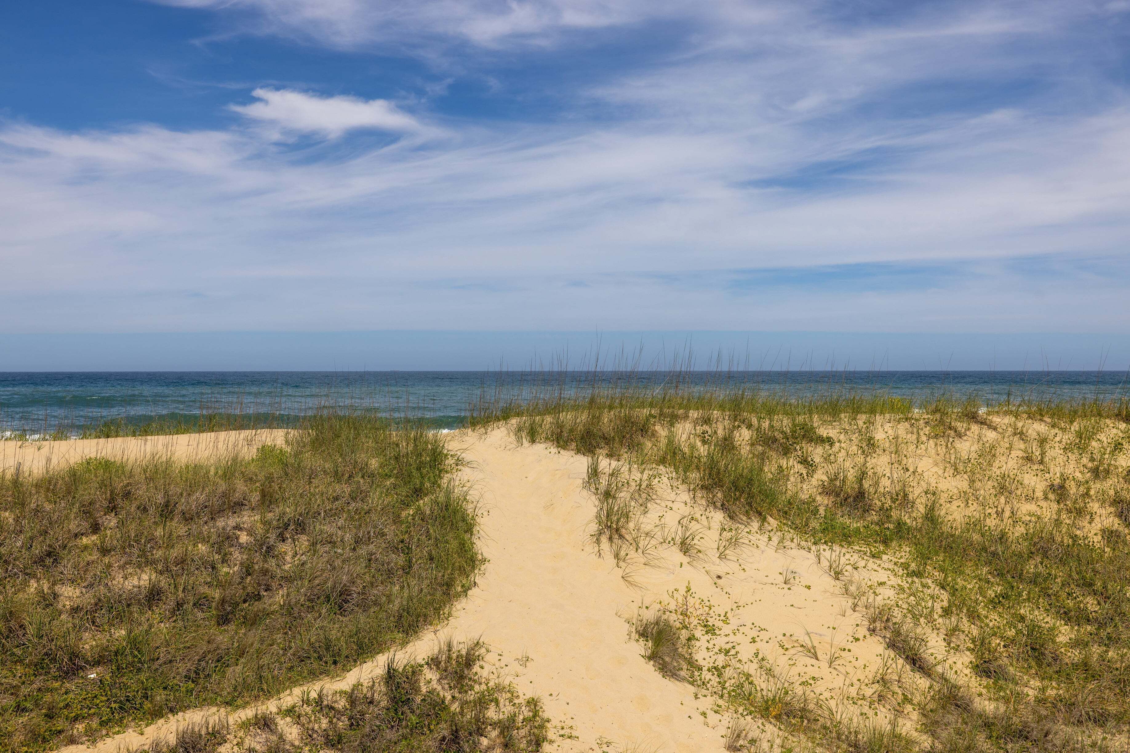 A sandy path leading to the beach with sparse vegetation.