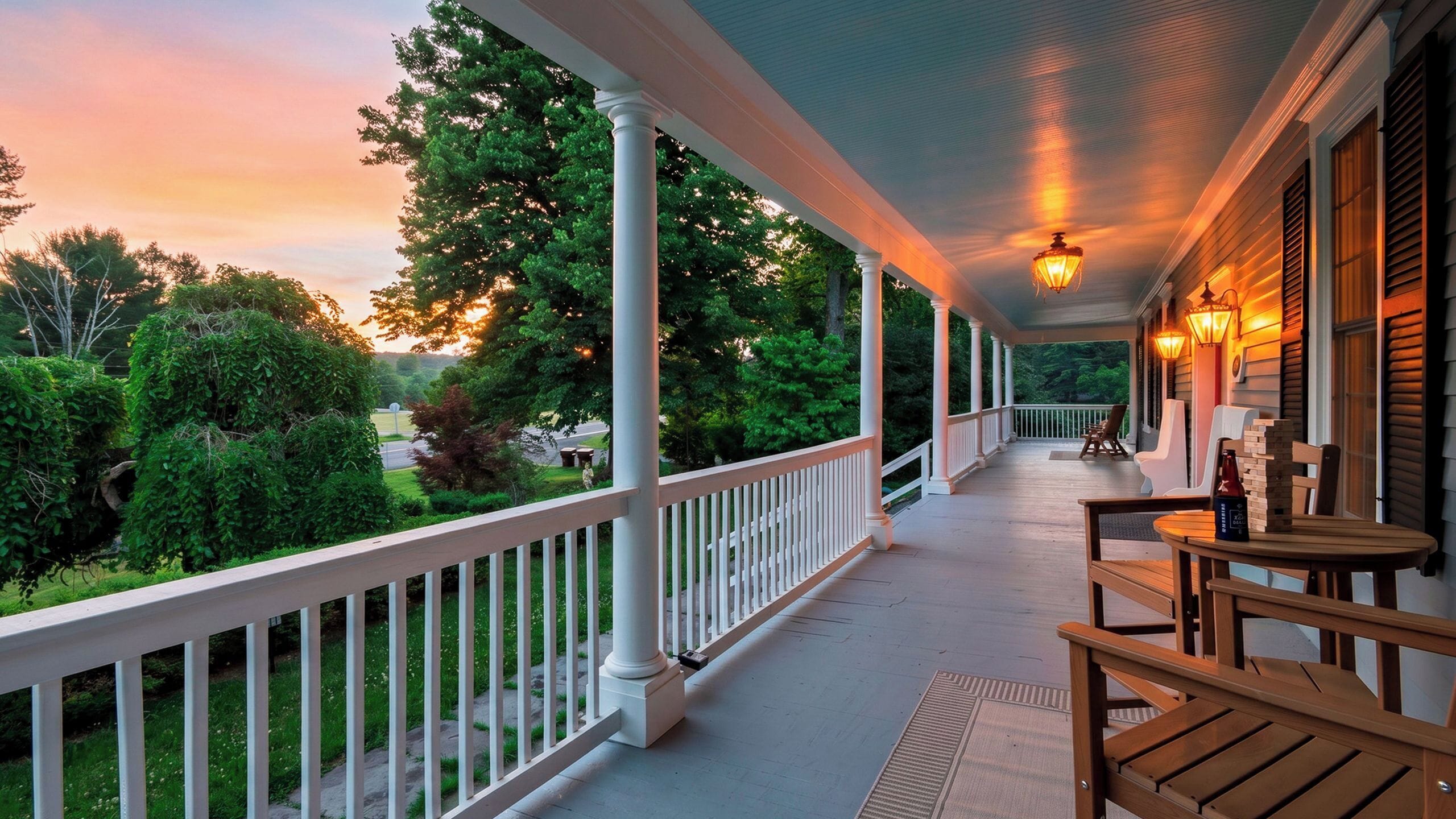 A covered porch with a railing, wooden furniture, and a view of the surrounding greenery.