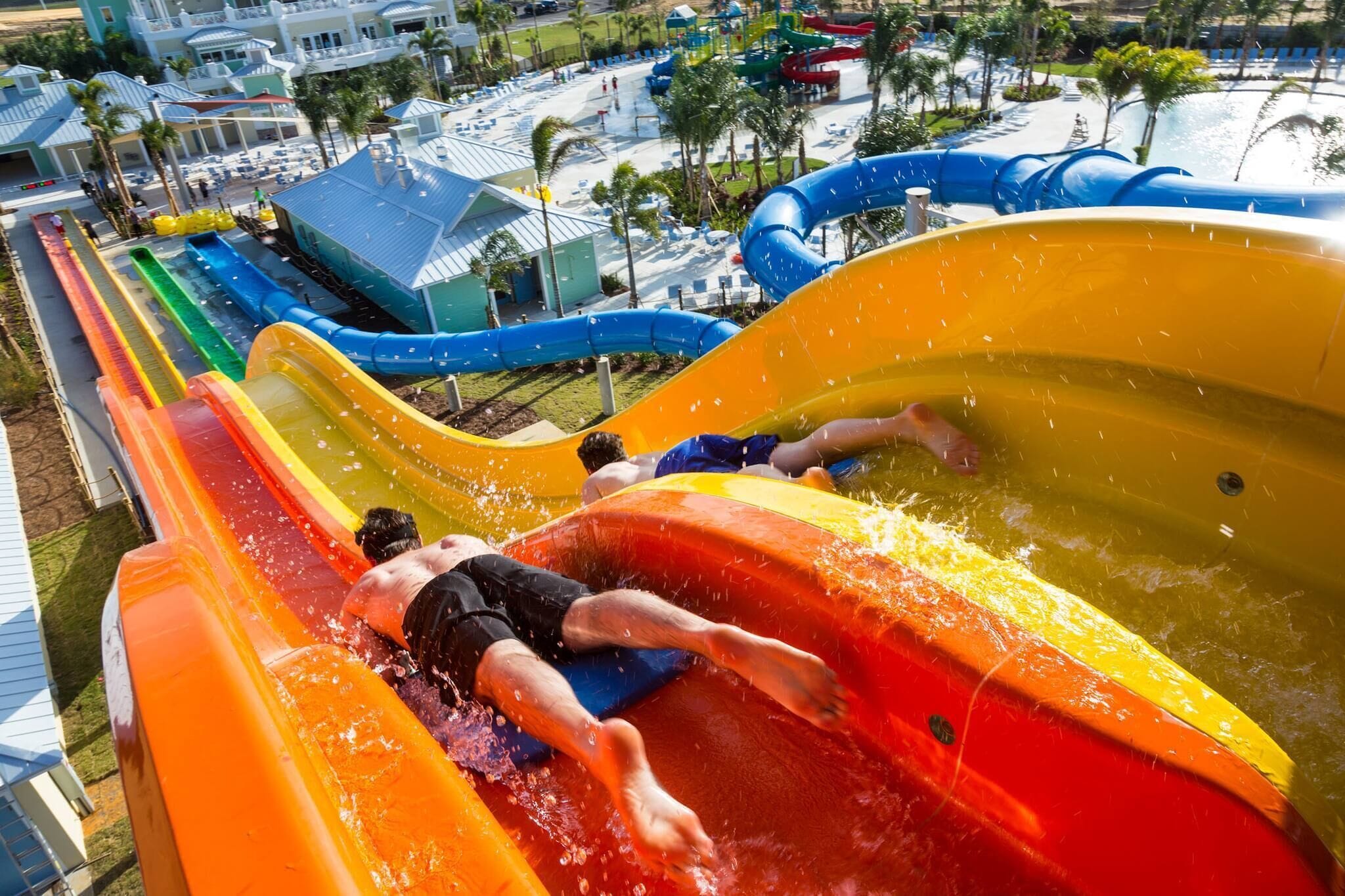 A water park with multiple slides and pools.