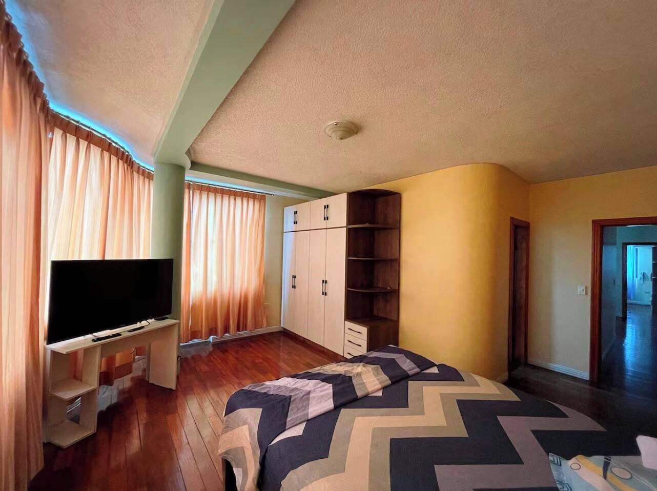 Une chambre à coucher avec un lit, une télévision, une armoire et un bureau.