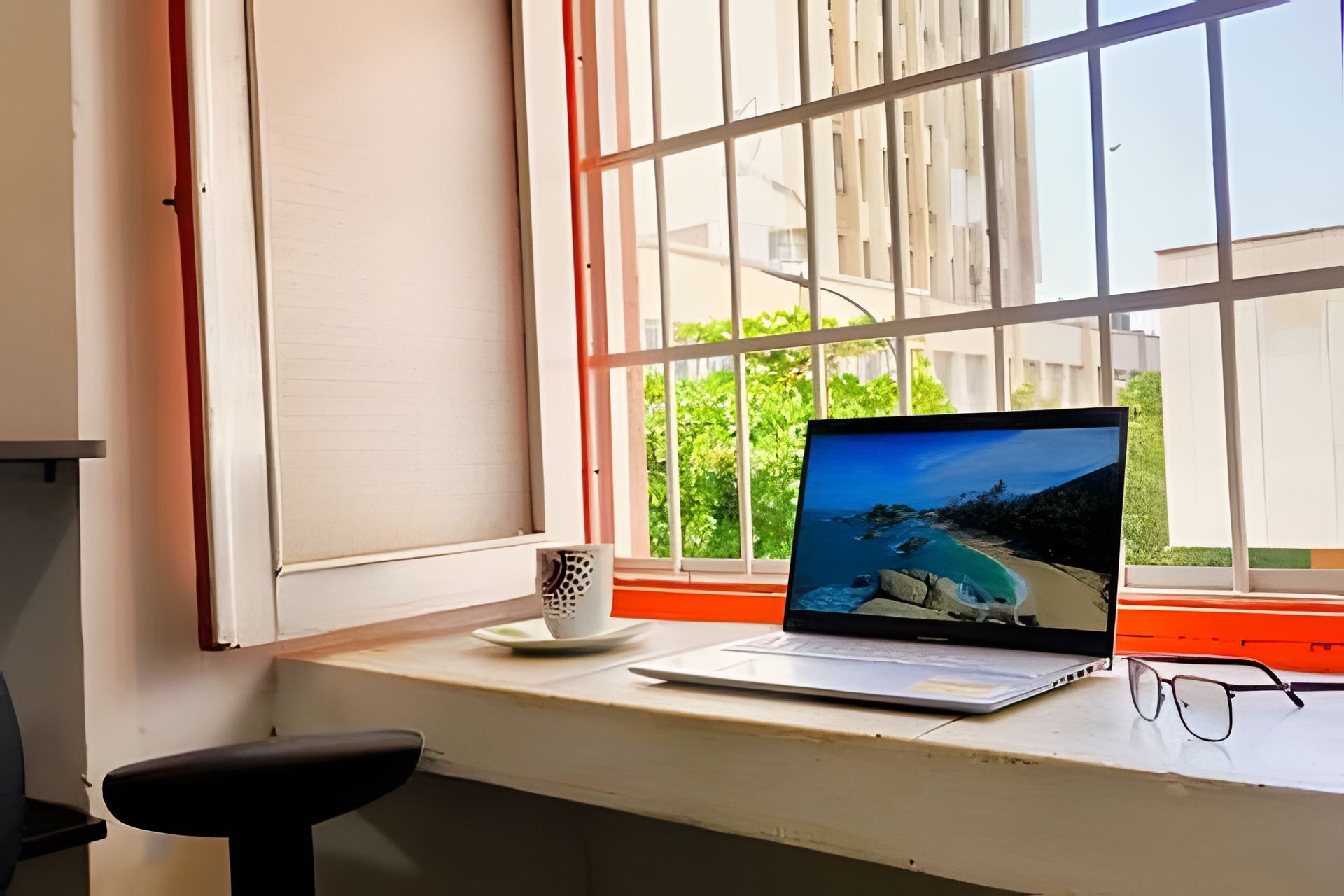 A laptop on a desk with a window view.