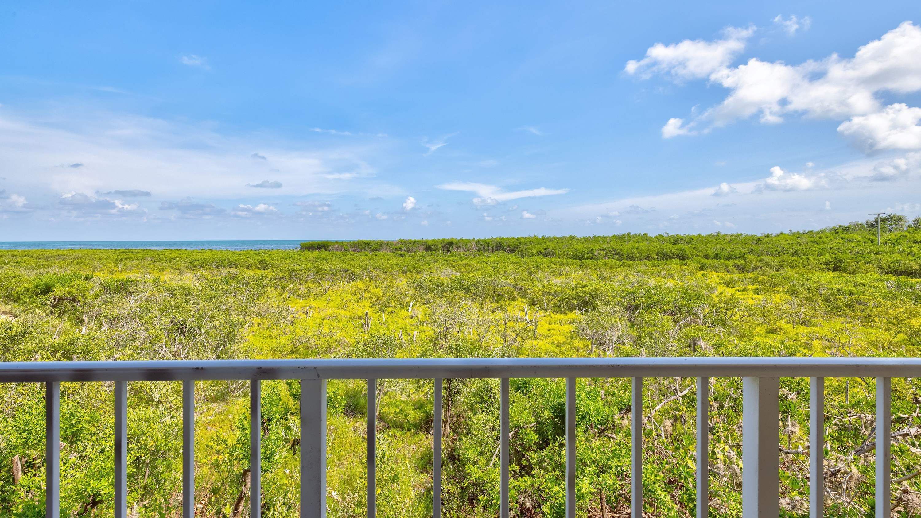 A view from a balcony with a railing, overlooking a coastal landscape with dense vegetation and a clear sky.