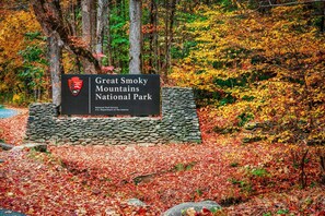 Schild für den Great Smoky Mountains National Park, mit Steinsockel und umgeben von Herbstlaub.