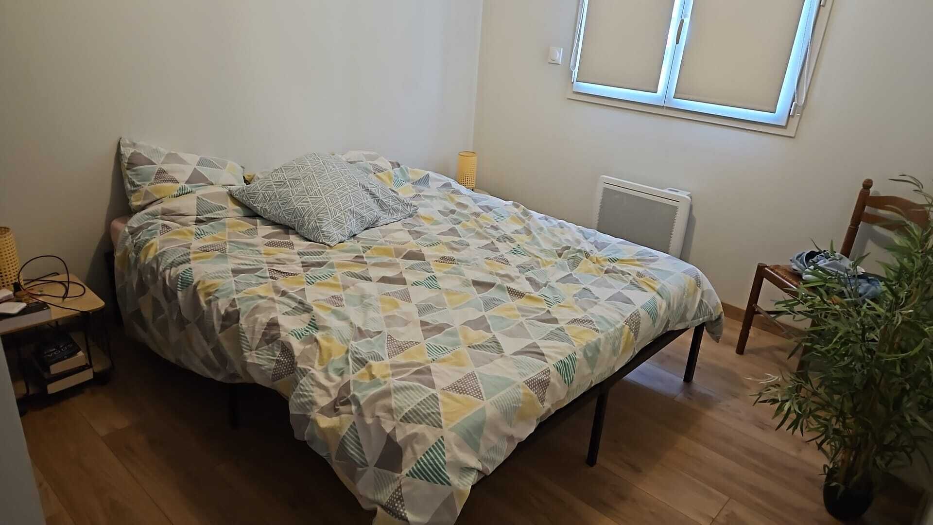 A bedroom with a bed, a radiator, a window, a chair, and a potted plant.