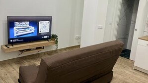 Un salon moderne avec un téléviseur à écran plat posé sur un meuble en bois, un canapé marron et une petite plante.