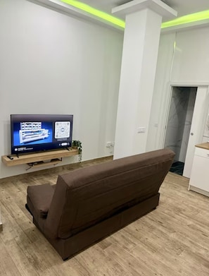 Een moderne woonkamer met een flatscreen televisie op een houten standaard, een bruine bank en een kleine plant.