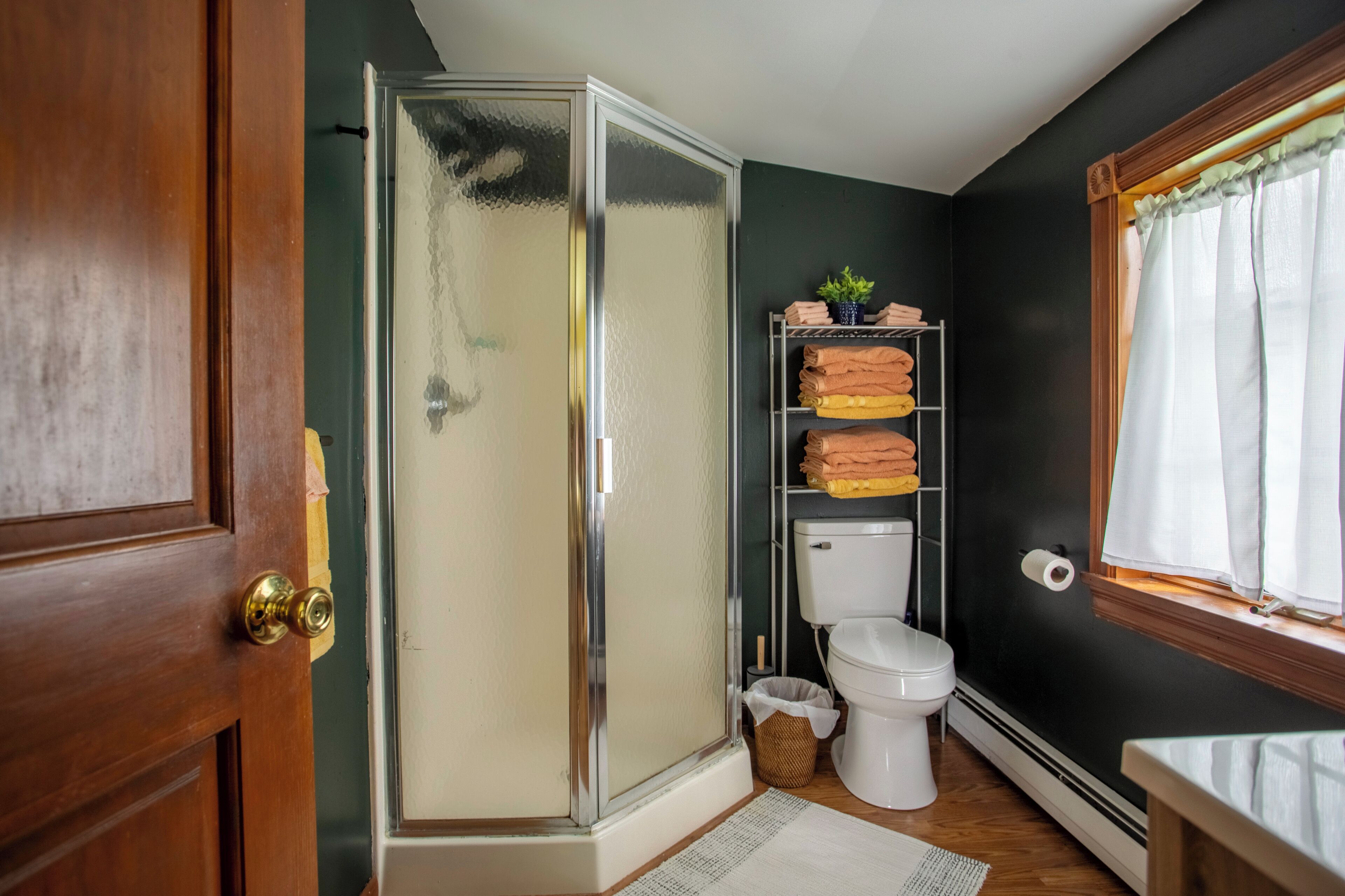 Hair dryer, towels, soap, toilet paper