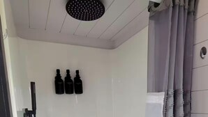 A shower area with a ceiling-mounted showerhead, a handheld shower attachment, and two bottles of shampoo. - Cozy 1-bedroom tiny house in beautiful Parkersburg,WV (Parkersburg)