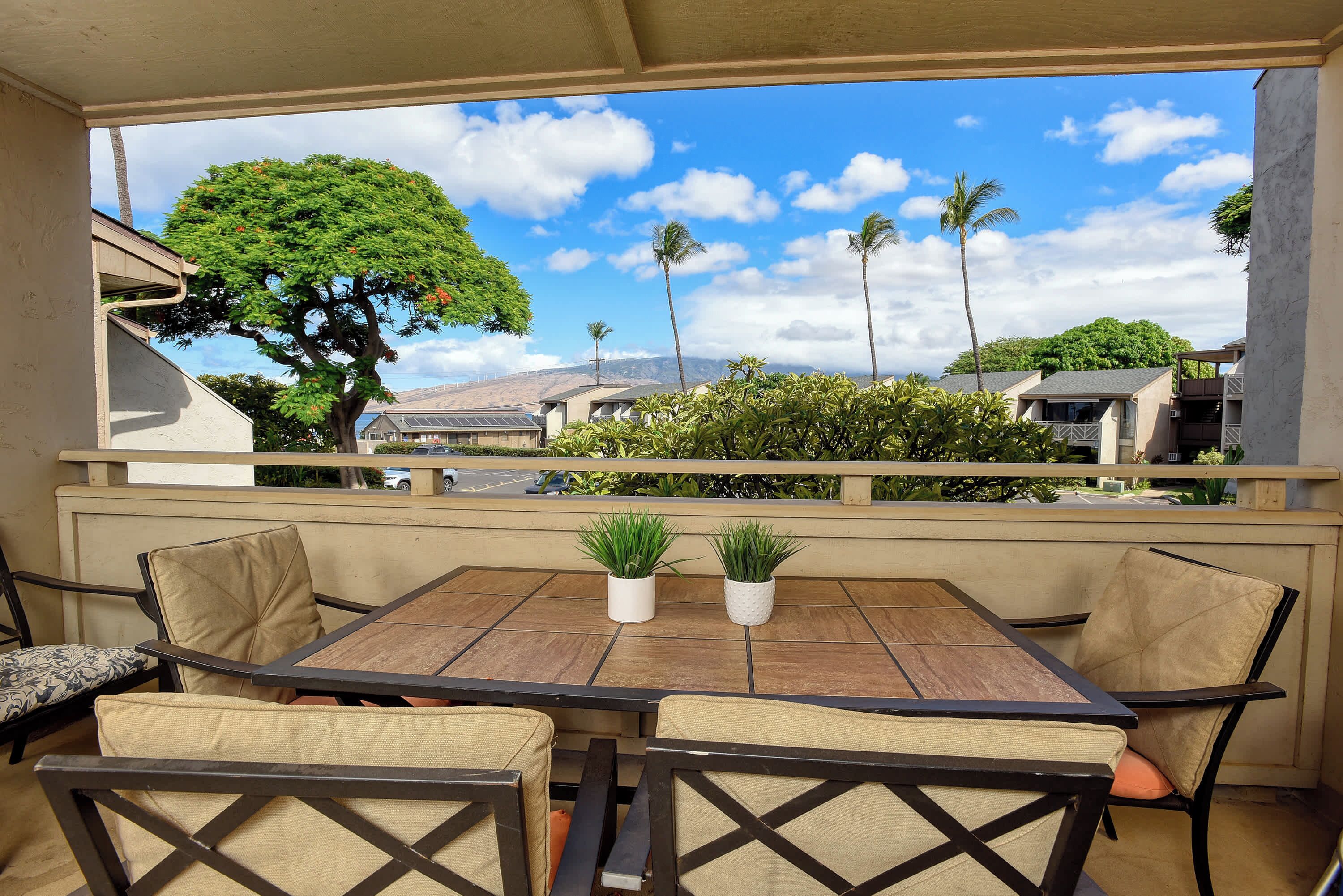 A terrace with a table and chairs, two potted plants, and a view of palm trees and buildings.