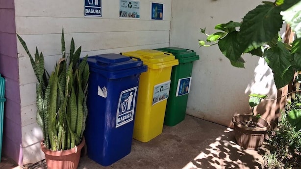 Tres contenedores de basura con etiquetas 'BASURA' y símbolos de reciclaje, ubicados contra una pared con una planta en maceta y un pequeño interruptor de luz colgante.