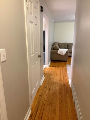 A hallway with wooden flooring leading to a living area with a couch and a door.