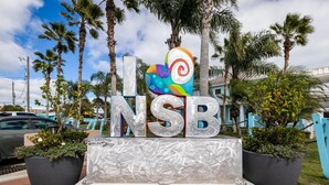 Un letrero con las letras "NSB" y un diseño colorido, rodeado de palmeras y un sendero de ladrillo.