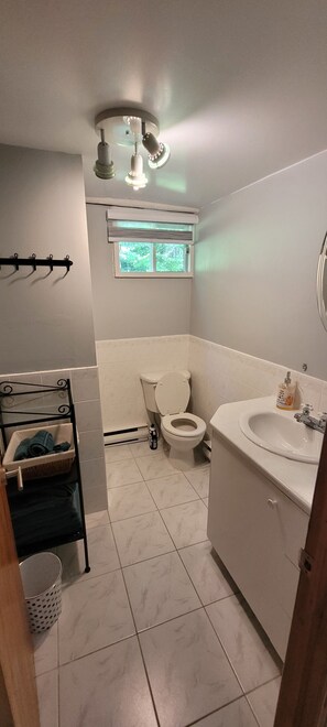 Douche, séchoir à cheveux, serviettes fournies, papier de toilette
