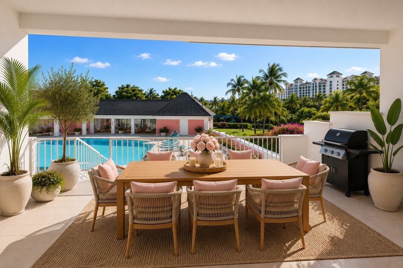Un espace repas aménagé au bord de la piscine, avec une table en bois, des chaises en osier et une vue sur un bâtiment d’hôtel et des palmiers.