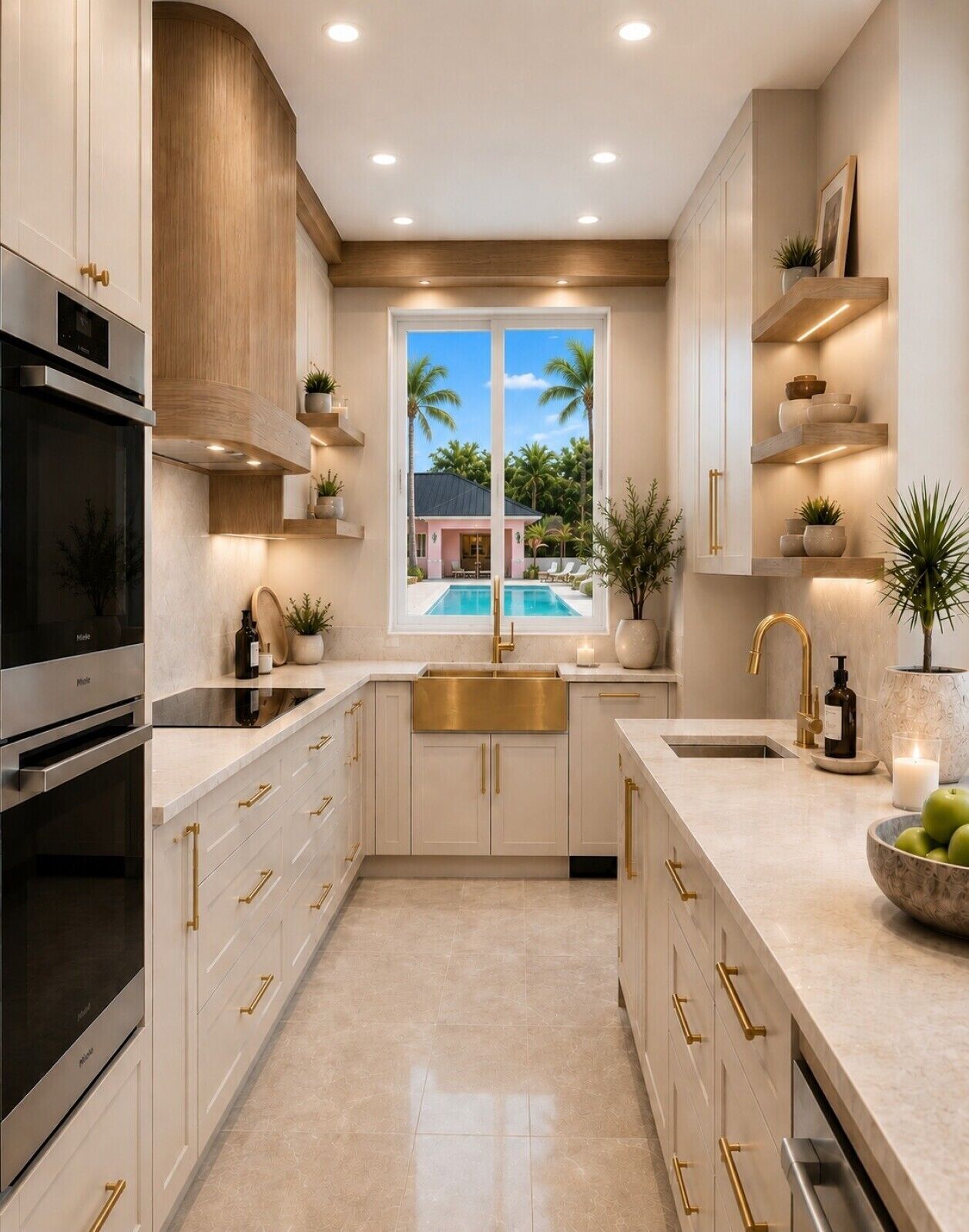 Cocina moderna con un ventanal grande, horno empotrado y vista a una piscina.