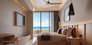 A hotel room with a bed, bedside table, and a desk with a chair. There is a large window with a view of the ocean. - Inna Resort & Spa (Puerto Morelos)