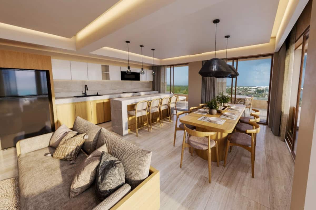 Departamento Prestigio, balcón | Cocina privada | Cafetera y tetera