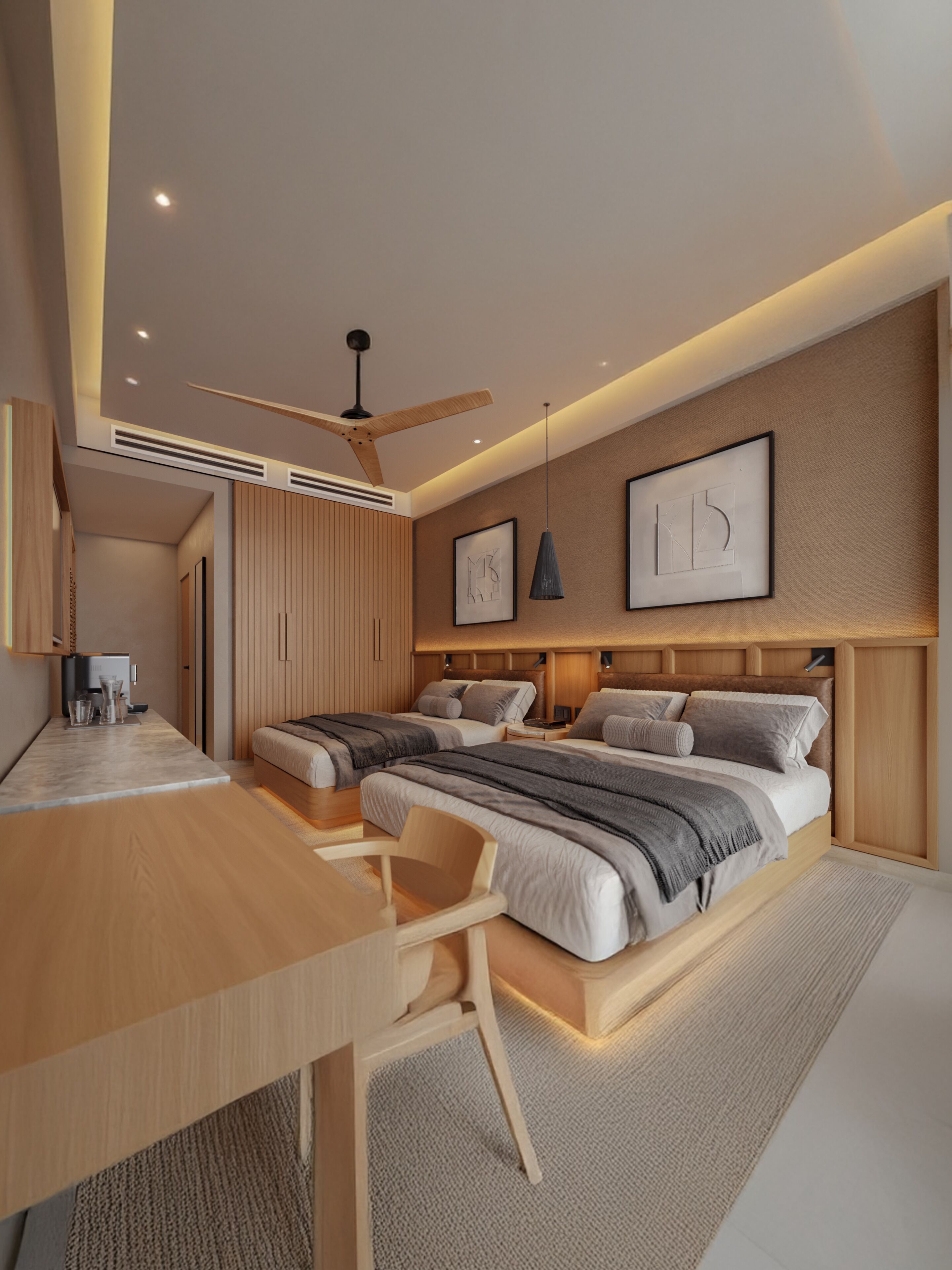 A modern bedroom with a large bed, bedside tables, a desk, and a ceiling fan.