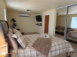 A bedroom with a bed, a TV mounted on the wall, a plant, and a sliding door leading to another room. - Description (Fajardo)