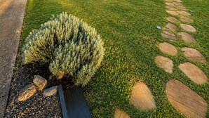 Een overdekt terras met tuinmeubilair, een pad van stenen en een verzorgd gazon.