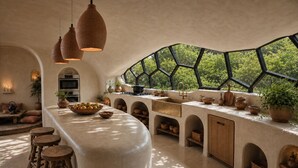 A kitchen with a curved island, wooden stools, and a view of greenery through a hexagonal window. - Private 75-Acre Dome Estate: Waterfall, Farm, Trails & Pacific Views (Platanillo)